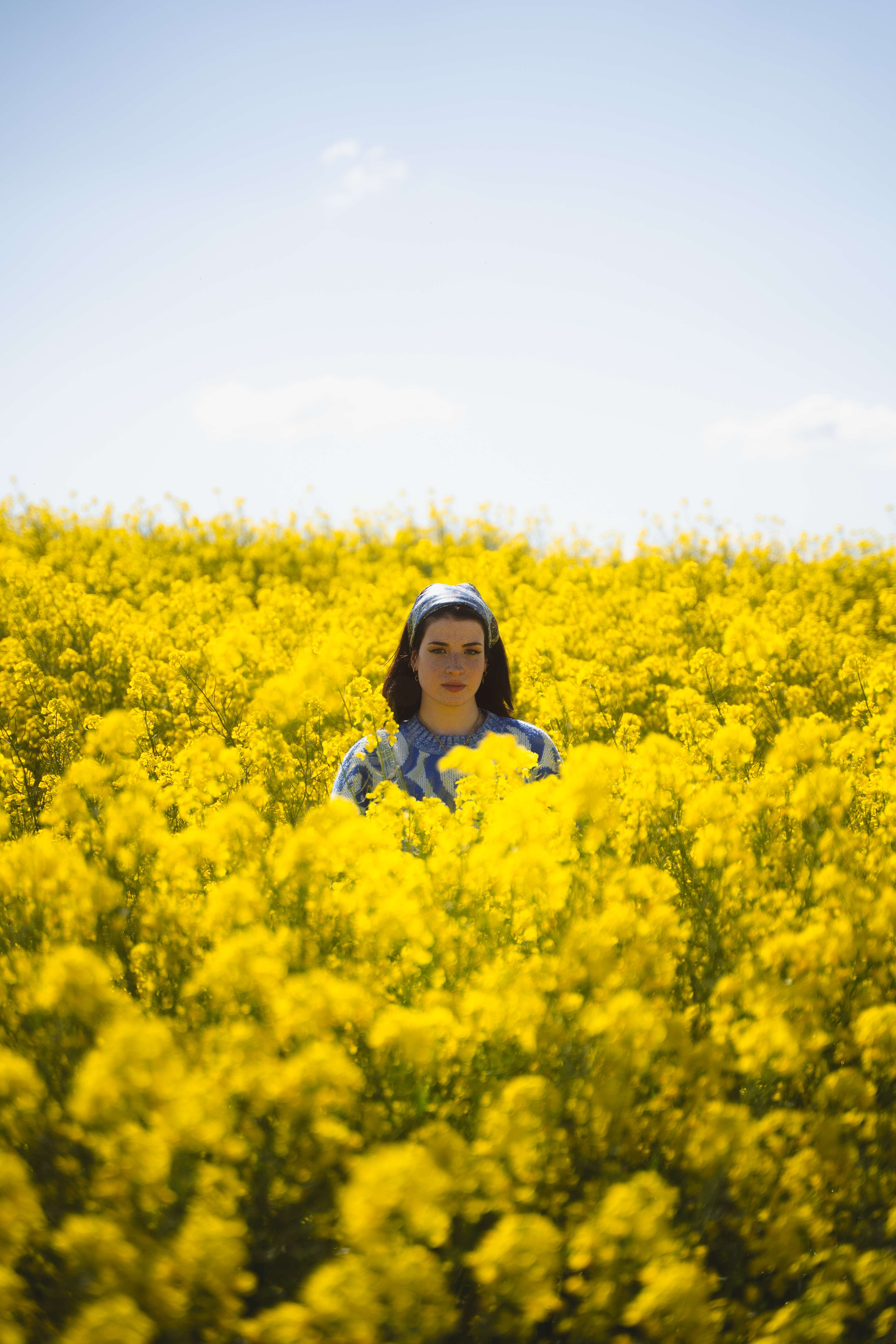 Campo de colza amarillo brillante, mujer
